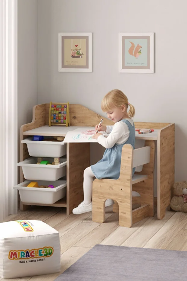 Çocuk Oyun Aktivite Masası 90x45 Cm 3 Sepetli Çocuk Çalışma Masası Sırt Dayamalı Sandalye